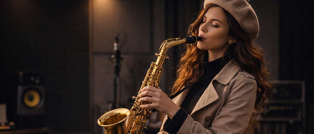 Femme saxophoniste jouant du saxophone dans un studio de musique à Paris
