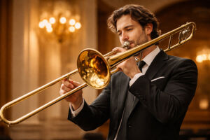 A man wearing a suit playing the trombone