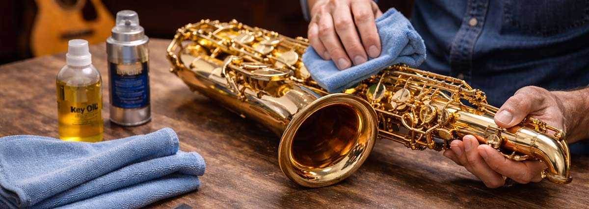 Male hands wiping a saxophone with a cloth