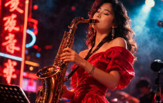 Chinese Female Musician in a Red Dress Playing the Saxophone on Stage
