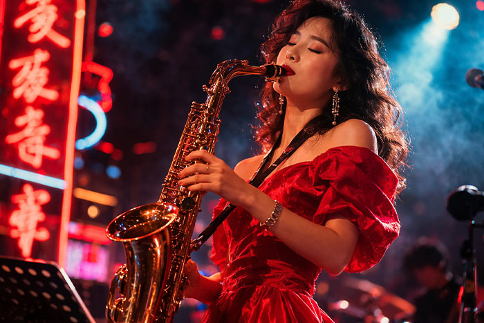 Musicienne chinoise en robe rouge jouant du saxophone sur scène