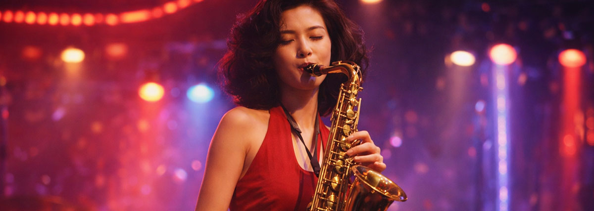 Une musicienne chinoise en robe rouge joue du saxophone sous des lumières néon