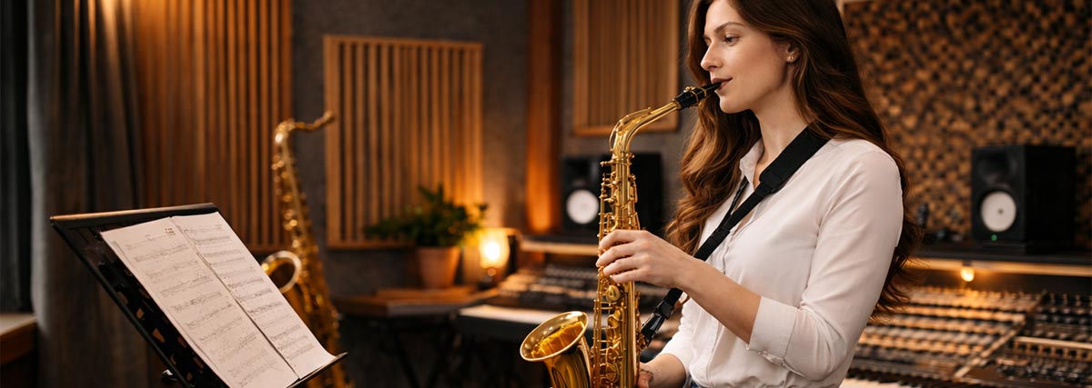 Saxophonist in a professional studio