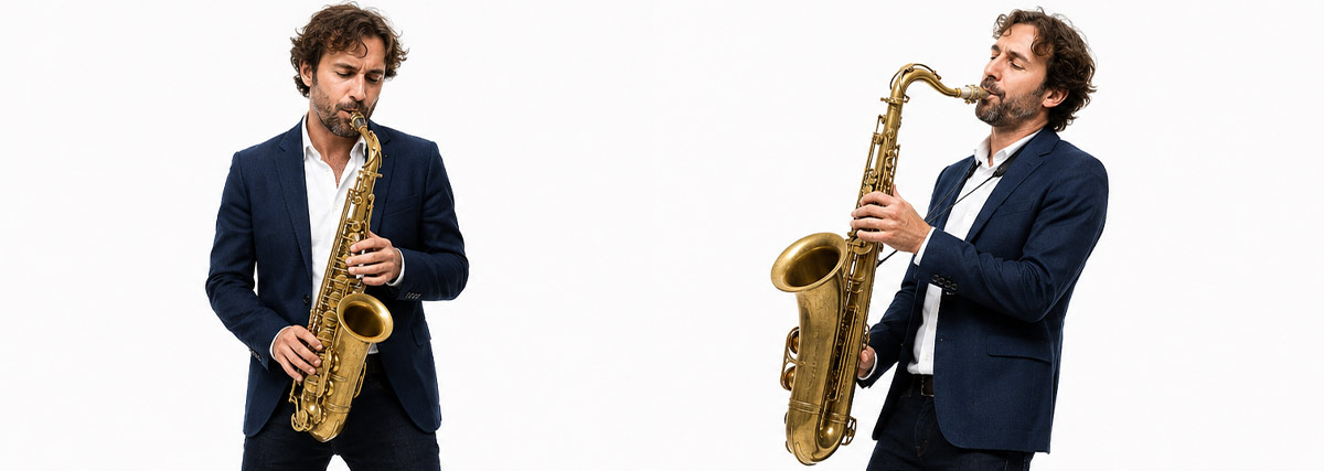 Deux photos d’un saxophoniste jouant du saxophone alto et du saxophone ténor