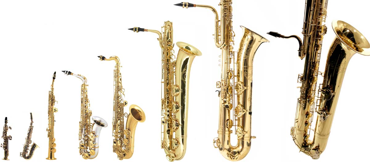 Différents types de saxophones sur fond blanc