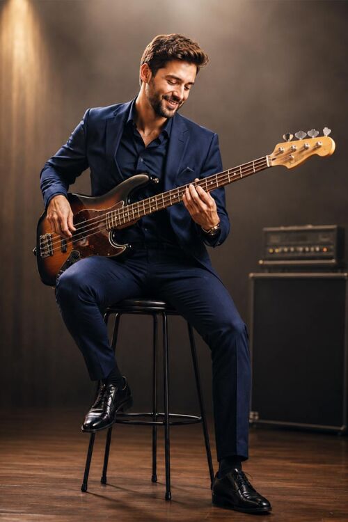 Homme en costume jouant de la basse
