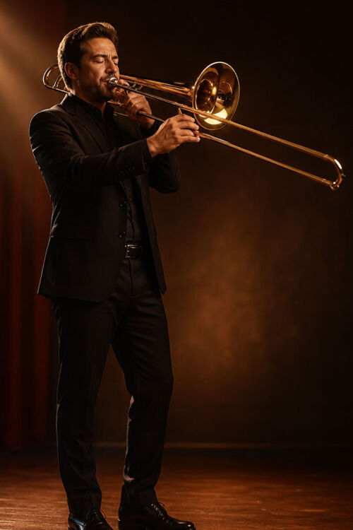 Homme jouant du trombone sur scène